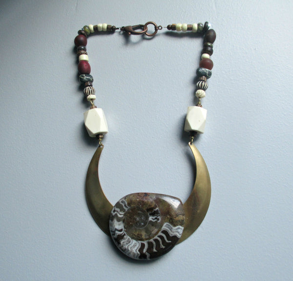 Goniatite Fossil Statement Necklace. Ancient Alien Tribal Bohemian Jewelry