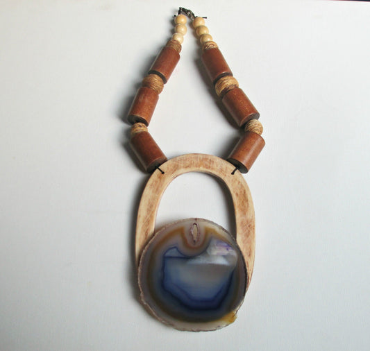 Over The Horizon. Geode Crystal & Wood Statement Necklace