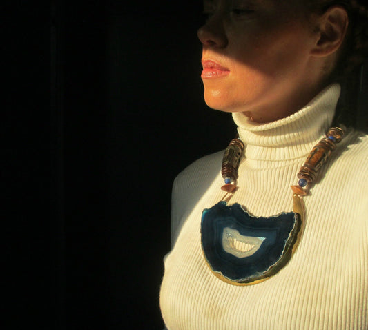 The Other Side. Cobalt Blue Geode Crystal Statement Necklace. Vintage Bone & Lapis Lazuli Portal.