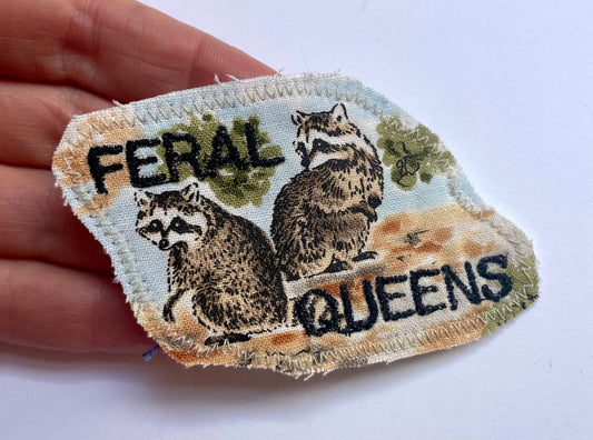 Feral Queens. Handmade Sustainable. Vintage Cotton Fabric Raccoons Patch. Woodland Creature. One of a kind.