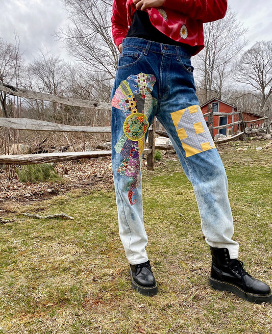 Hippie Hand-Patched Jeans - Let Your Love Grow - Hippie Style Denim Hand-Patched Upcycled Straight Leg Jeans