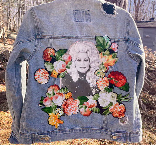 Dolly Parton Jean Jacket. Floral Appliqué. Size Small. One of a kind. Wearable Textile Art