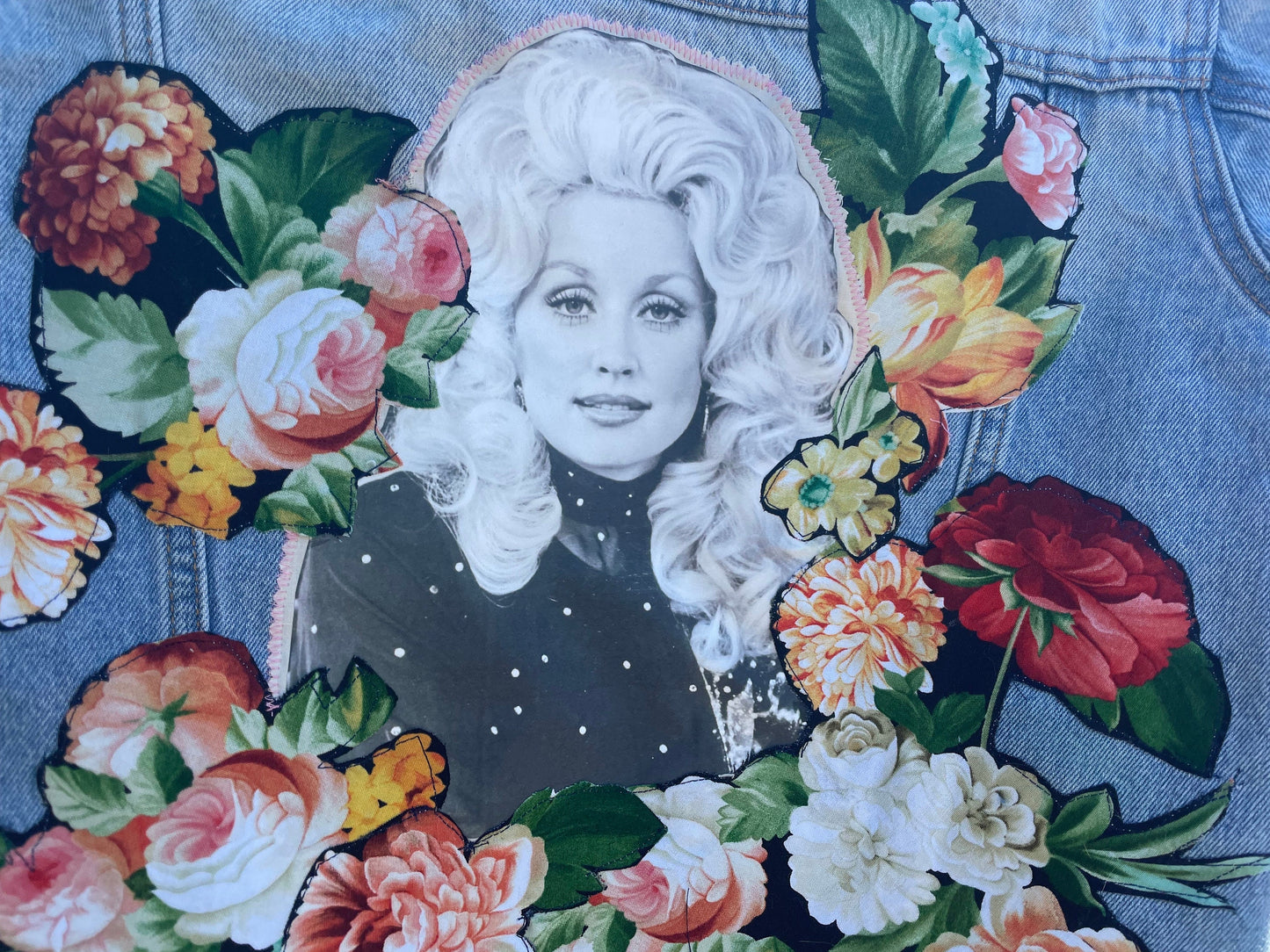 Dolly Parton Jean Jacket. Floral Appliqué. Size Small. One of a kind. Wearable Textile Art