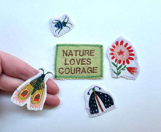 Five Garden Patches Set. Nature Loves Courage. Handmade Embroidered Patch Set. Terrence McKenna Quote.Floral Appliqué. Visible Mending DIY