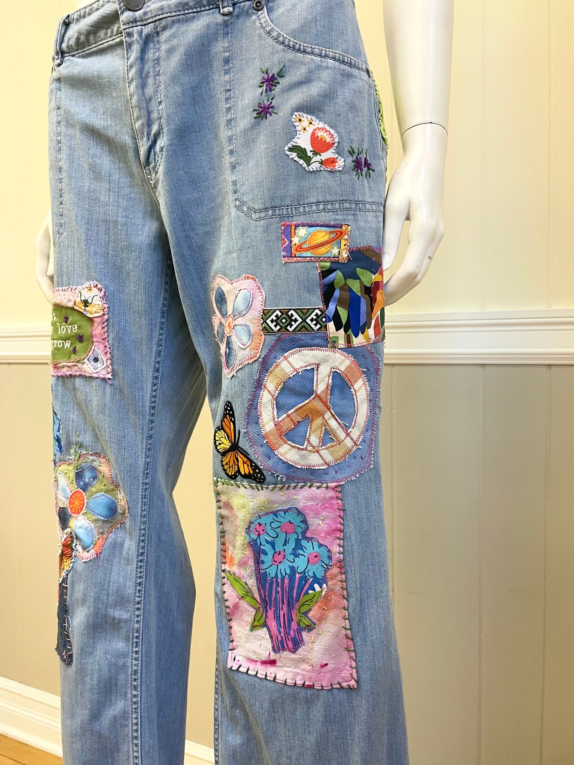 Hippie Patched Jeans Wide Leg Womens Size Boho Style Denim Hand-Patched Upcycled Embroidered Appilique One of a Size