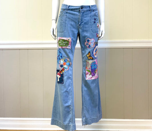 Hippie Patched Jeans - Wide Leg Womens Size 6 - Boho Style Denim Hand-Patched Upcycled Embroidered Appilique - One of a Kind. Size 6. J.Jill