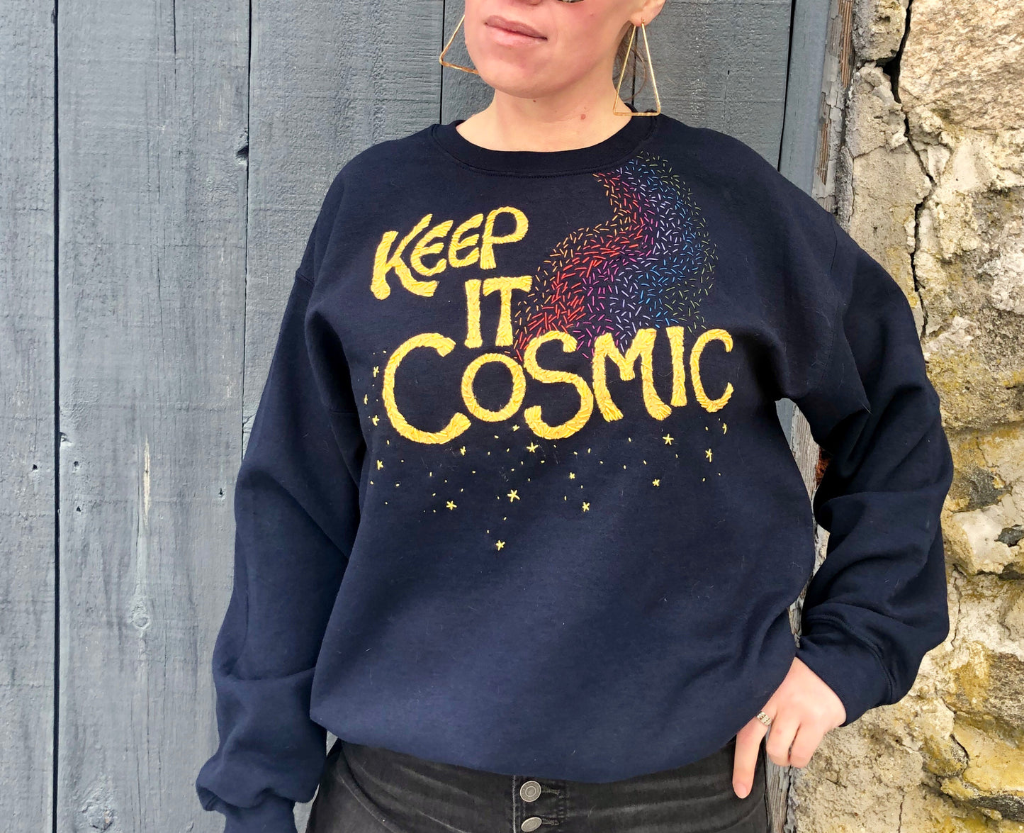 Keep it Cosmic. Hand Embroidered + Painted Crewneck Sweatshirt