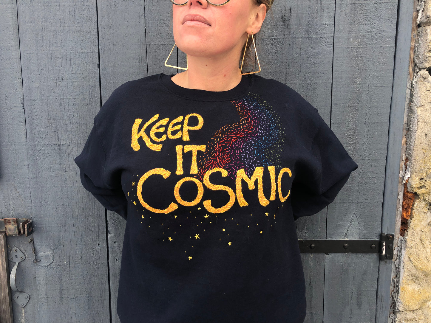 Keep it Cosmic. Hand Embroidered + Painted Crewneck Sweatshirt