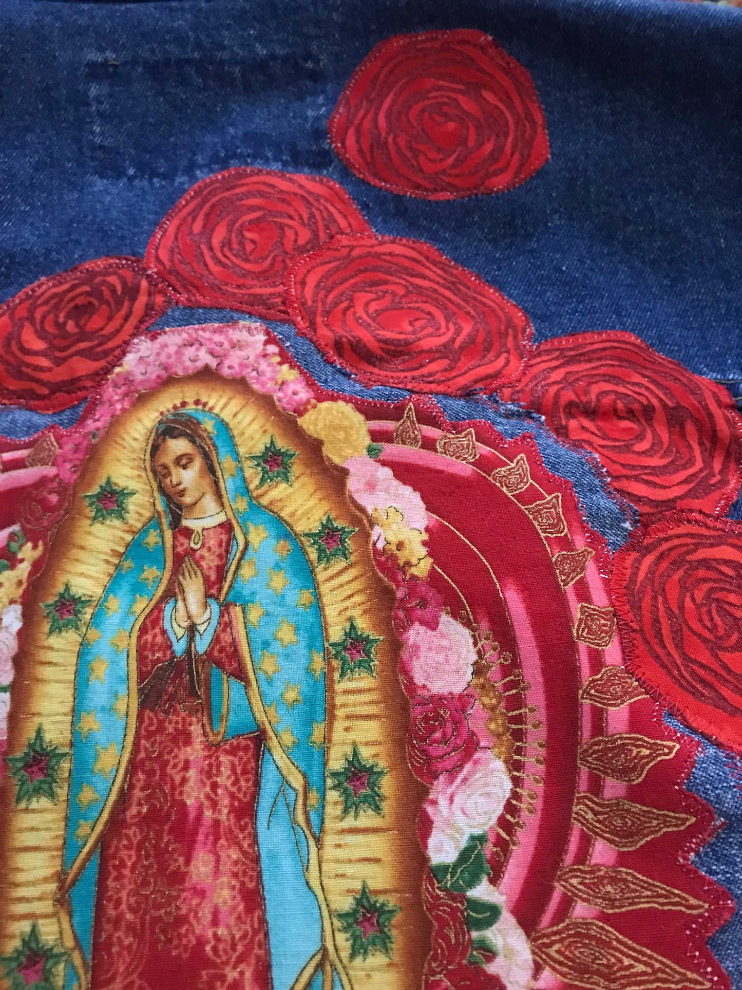 Mother Mary in The Rose Garden. Denim Art Jacket