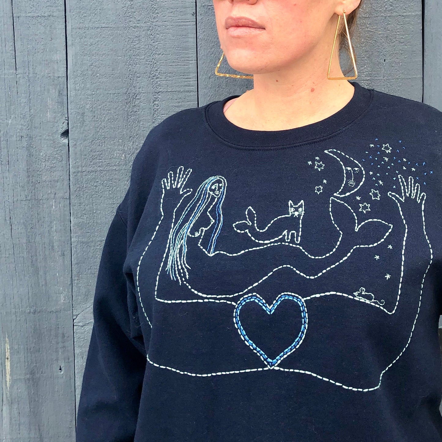 Cosmic Cat Lady. Hand Embroidered Crewneck Sweatshirt