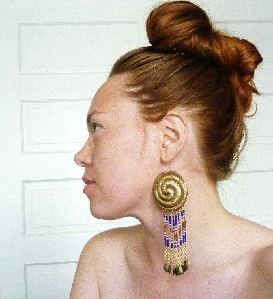 Spiral Dance Beaded Brass Earrings